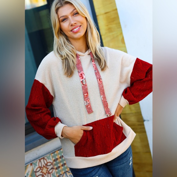 Color Block Textured Sweater Top Hoodie, Red Lace Details, Floral Drawstring - Picture 3 of 7